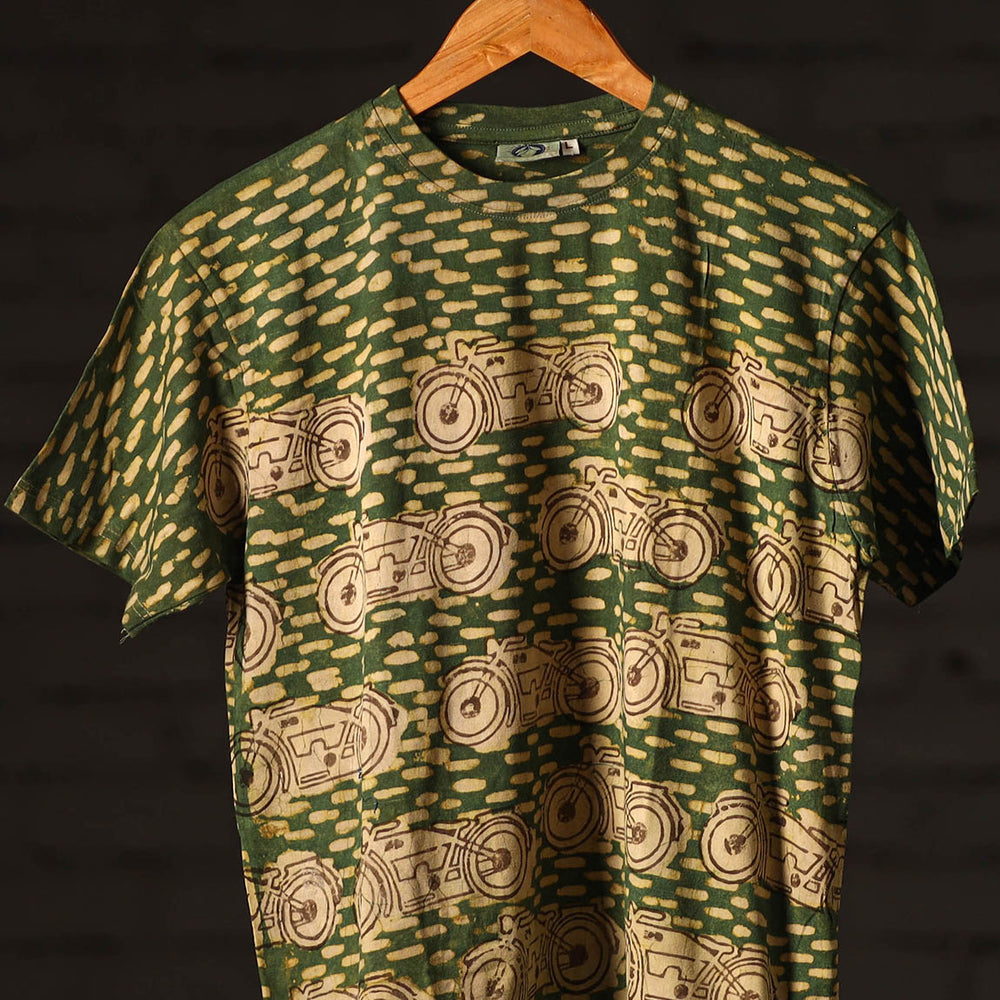 Green - Bindaas Natural Dyed Art Block Print Round Neck T-shirt in Pure Cotton