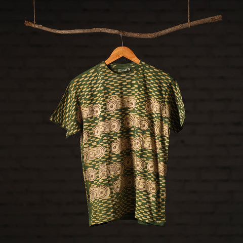 Green - Bindaas Natural Dyed Art Block Print Round Neck T-shirt in Pure Cotton