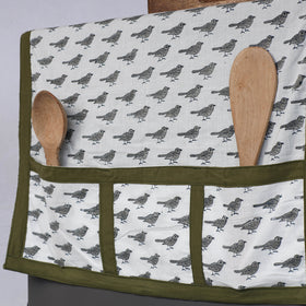 White Hand Block Printed Cotton Fridge Top Cover with Multiple Pockets
