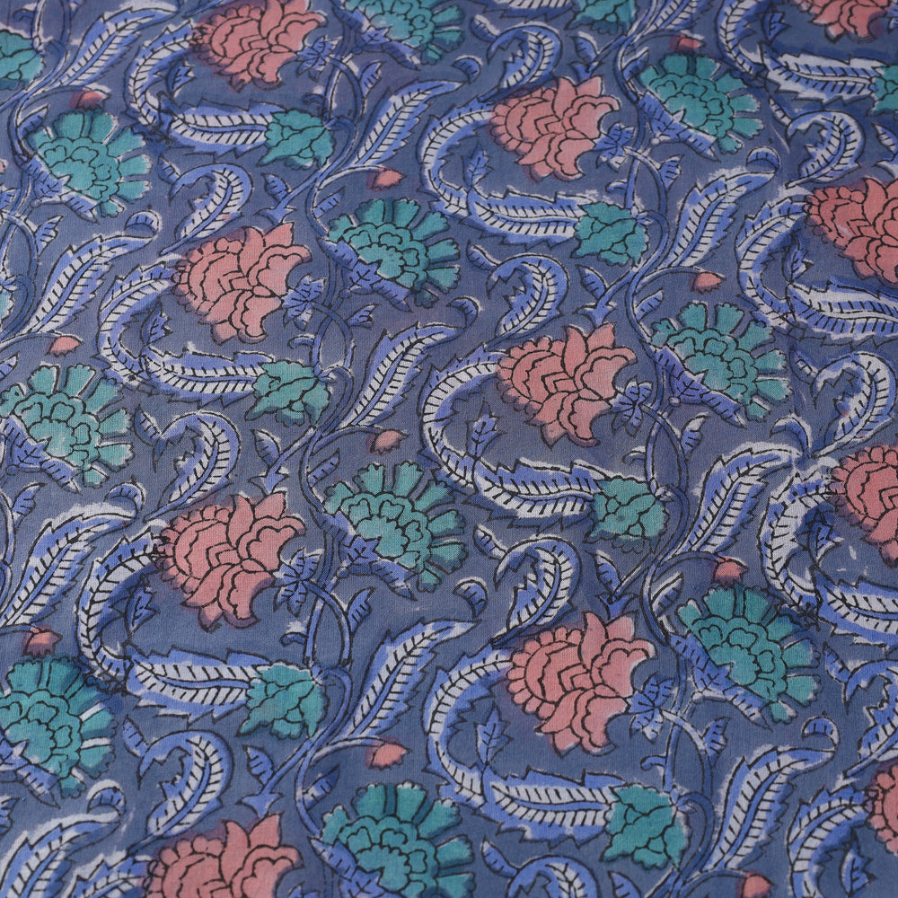 Blue - Floral Sanganeri Block Print Cotton Fabric 03