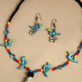 Blue Handmade Wooden Bird Beaded Necklace Set