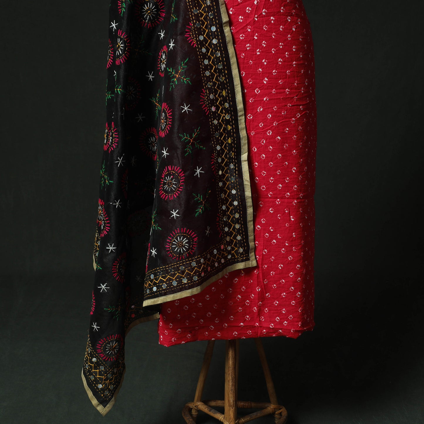Pink - Kutch Bandhani Tie-Dye Cotton 2pc Unstitched Dress Material Kurta Set with Earrings 13