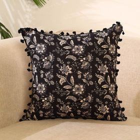 Black Cotton Sanganeri Printed Cushion Cover