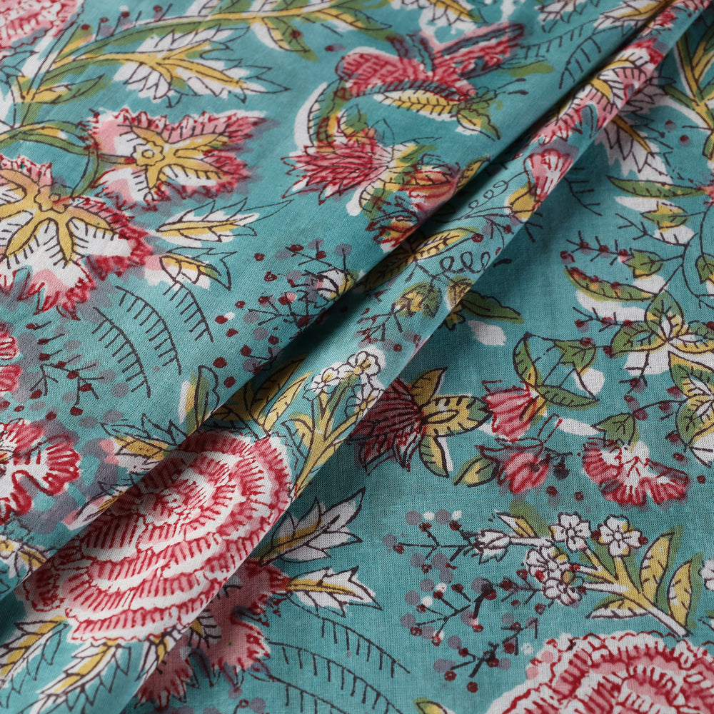 Sea Green - Mul Cotton Sanganeri Print Fabric 02