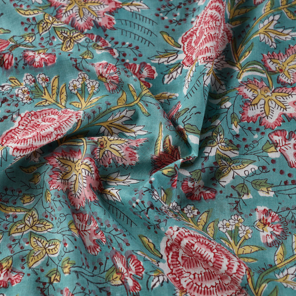 Sea Green - Mul Cotton Sanganeri Print Fabric 02