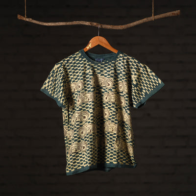 Green - Bindaas Natural Dyed Art Block Print Round Neck T-shirt in Pure Cotton