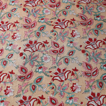 Peach Floral Pattern Sanganeri Block Printed Cotton Fabric 02