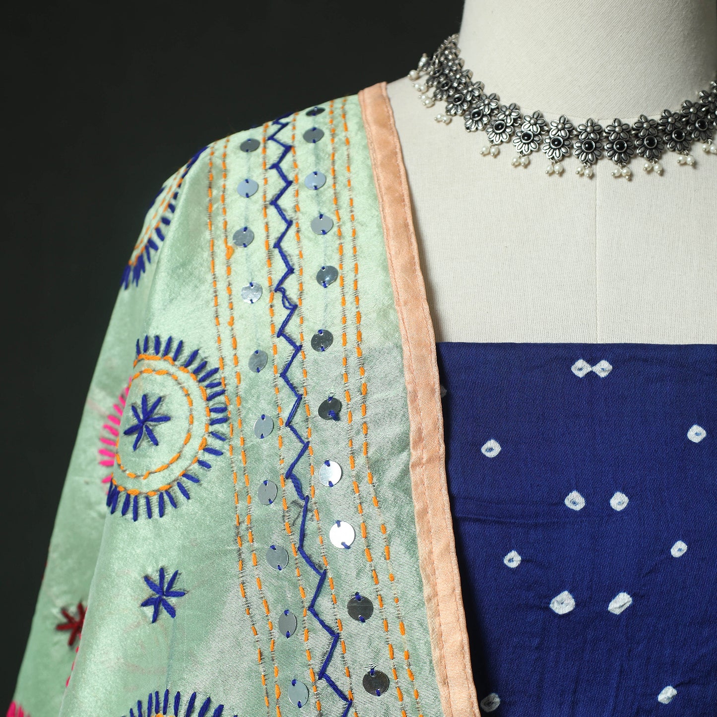 Blue - Kutch Bandhani Tie-Dye Cotton 2pc Unstitched Dress Material Kurta Set with Earrings 14