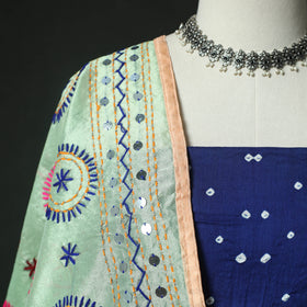 Blue - Kutch Bandhani Tie-Dye Cotton 2pc Unstitched Dress Material Kurta Set with Earrings 14