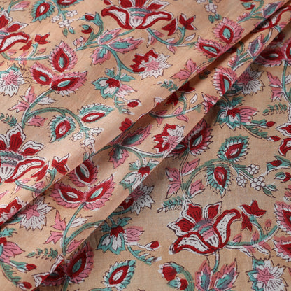 Peach Floral Pattern Sanganeri Block Printed Cotton Fabric 02