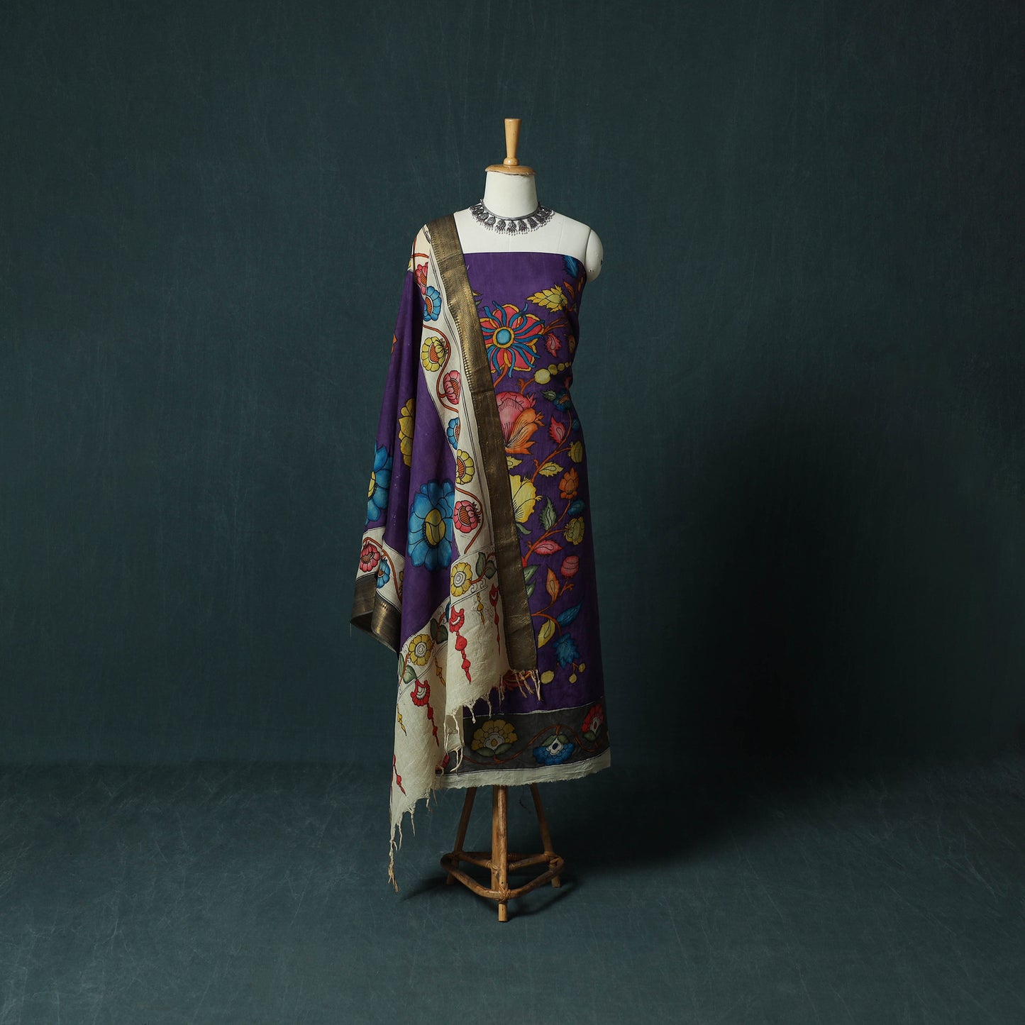 Handpainted Srikalahasti Pen Work Kalamkari Bangalore Silk 2pc Unstitched Dress Material Kurta Set 01