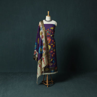 Handpainted Srikalahasti Pen Work Kalamkari Bangalore Silk 2pc Unstitched Dress Material Kurta Set 01