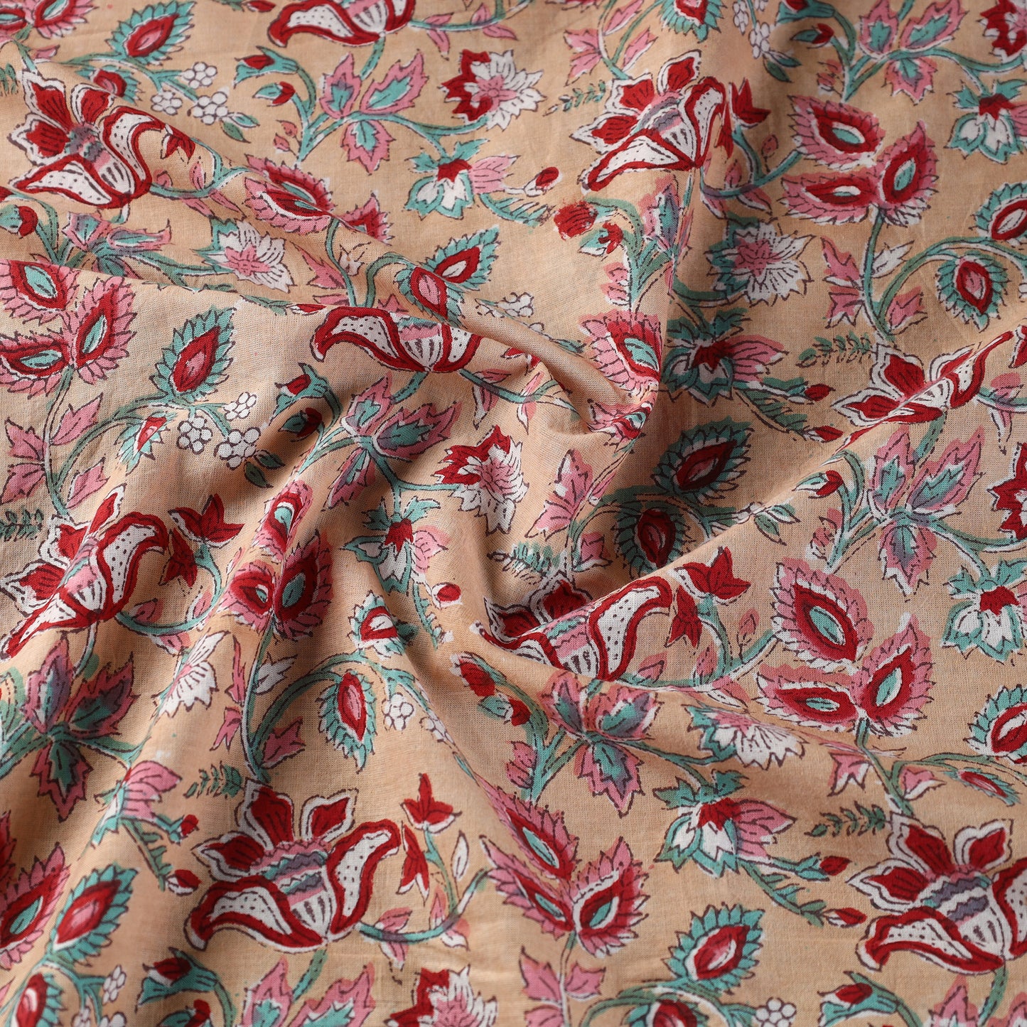 Peach Floral Pattern Sanganeri Block Printed Cotton Fabric