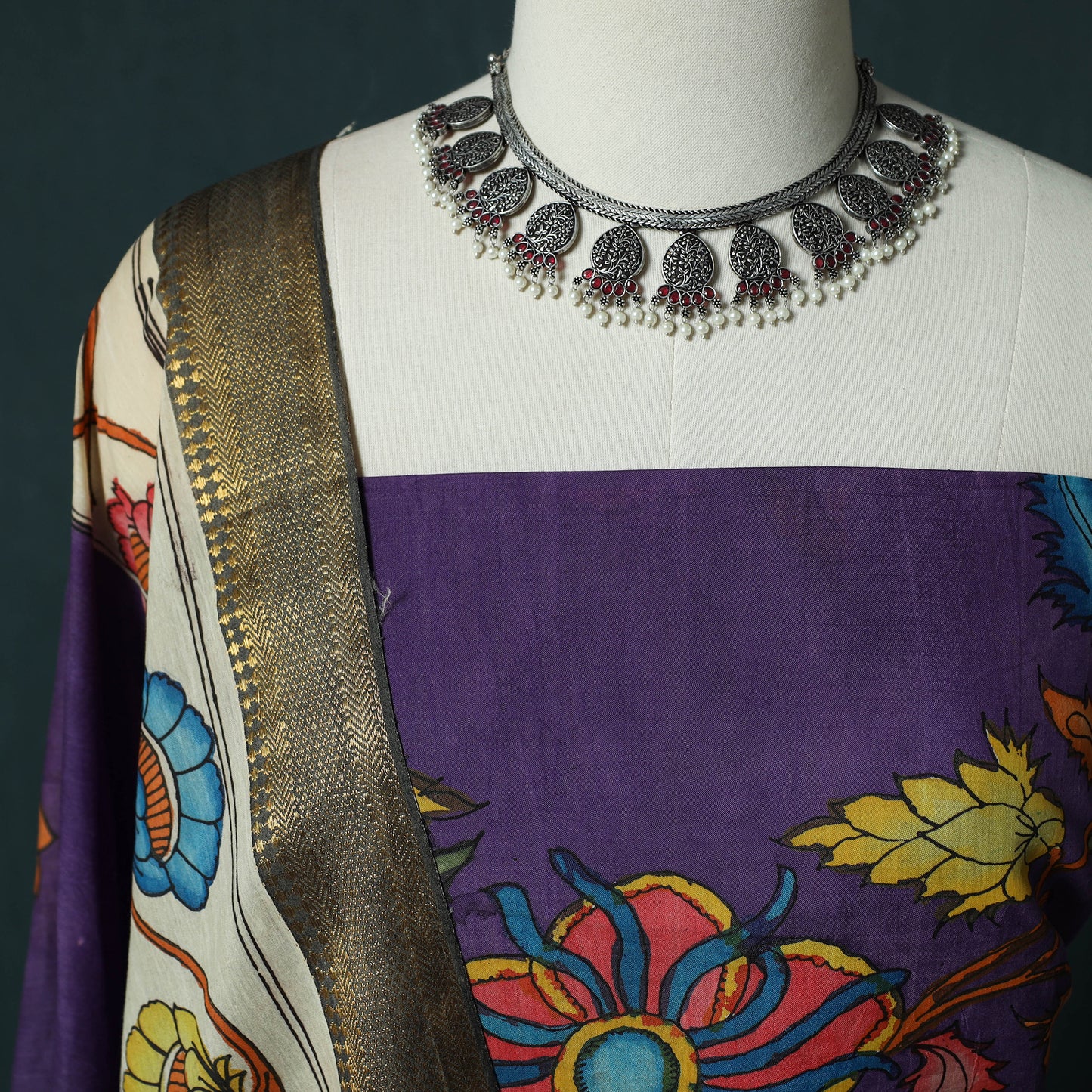 Handpainted Srikalahasti Pen Work Kalamkari Bangalore Silk 2pc Unstitched Dress Material Kurta Set 01