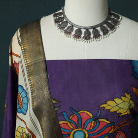 Handpainted Srikalahasti Pen Work Kalamkari Bangalore Silk 2pc Unstitched Dress Material Kurta Set 01