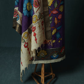 Handpainted Srikalahasti Pen Work Kalamkari Bangalore Silk 2pc Unstitched Dress Material Kurta Set 01