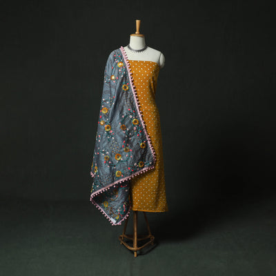 Yellow - Kutch Bandhani Tie-Dye Cotton 2pc Unstitched Dress Material Kurta Set with Earrings 15