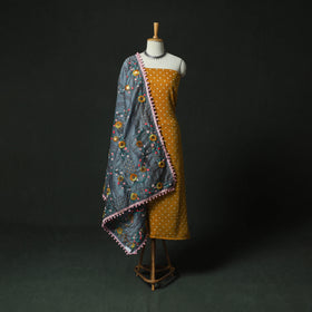 Yellow - Kutch Bandhani Tie-Dye Cotton 2pc Unstitched Dress Material Kurta Set with Earrings 15