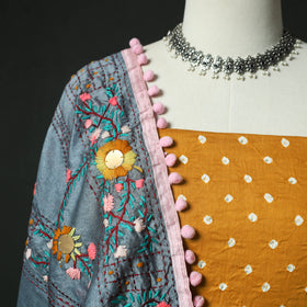 Yellow - Kutch Bandhani Tie-Dye Cotton 2pc Unstitched Dress Material Kurta Set with Earrings 15