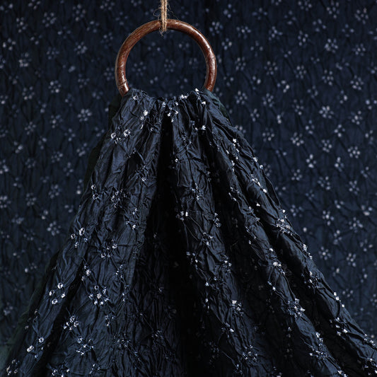 Black - Navy Blue Kutch Bandhani Tie-Dye Chanderi Silk Fabric