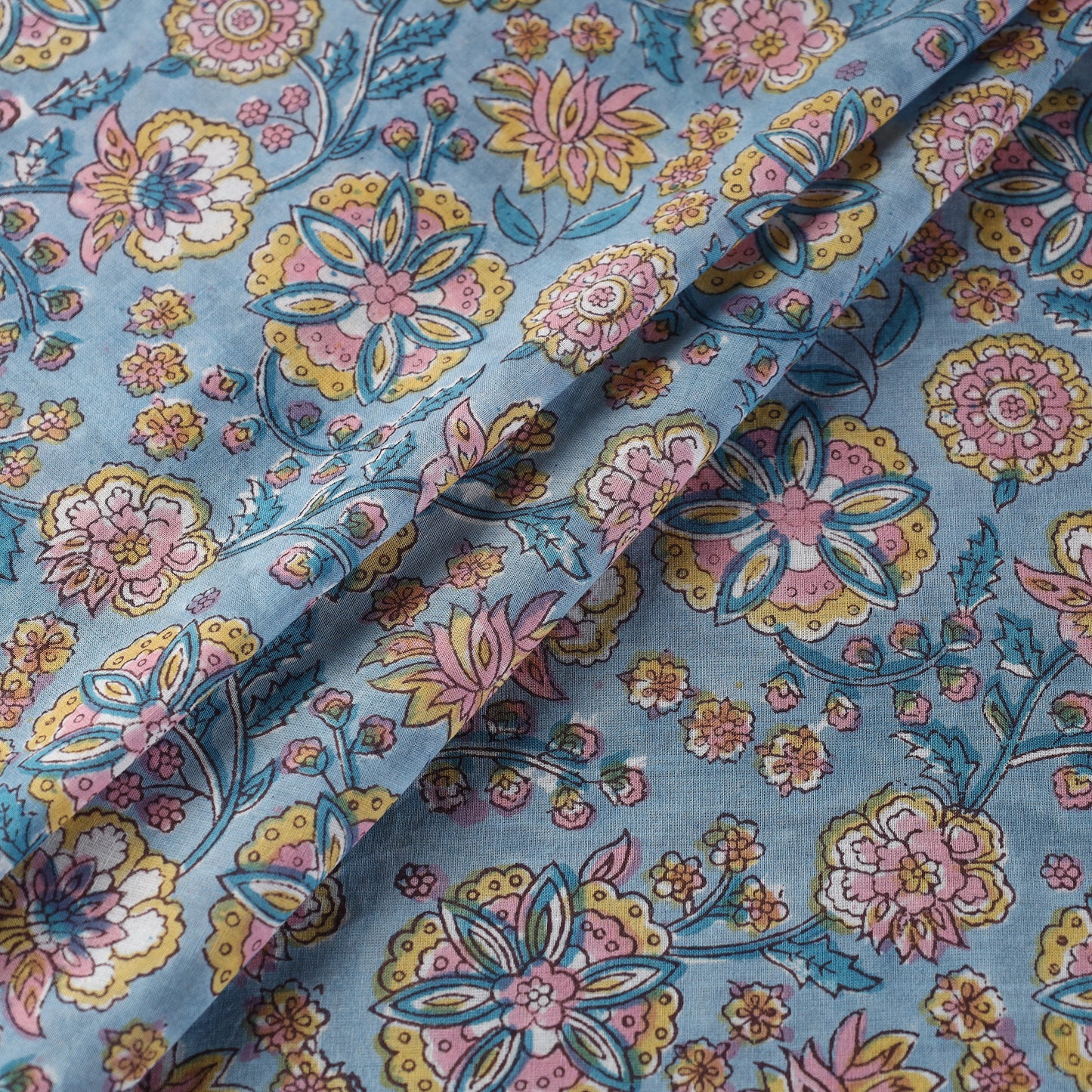 Blue - Multi Patterned Florals Sanganeri Block Printed Cotton Fabric 11