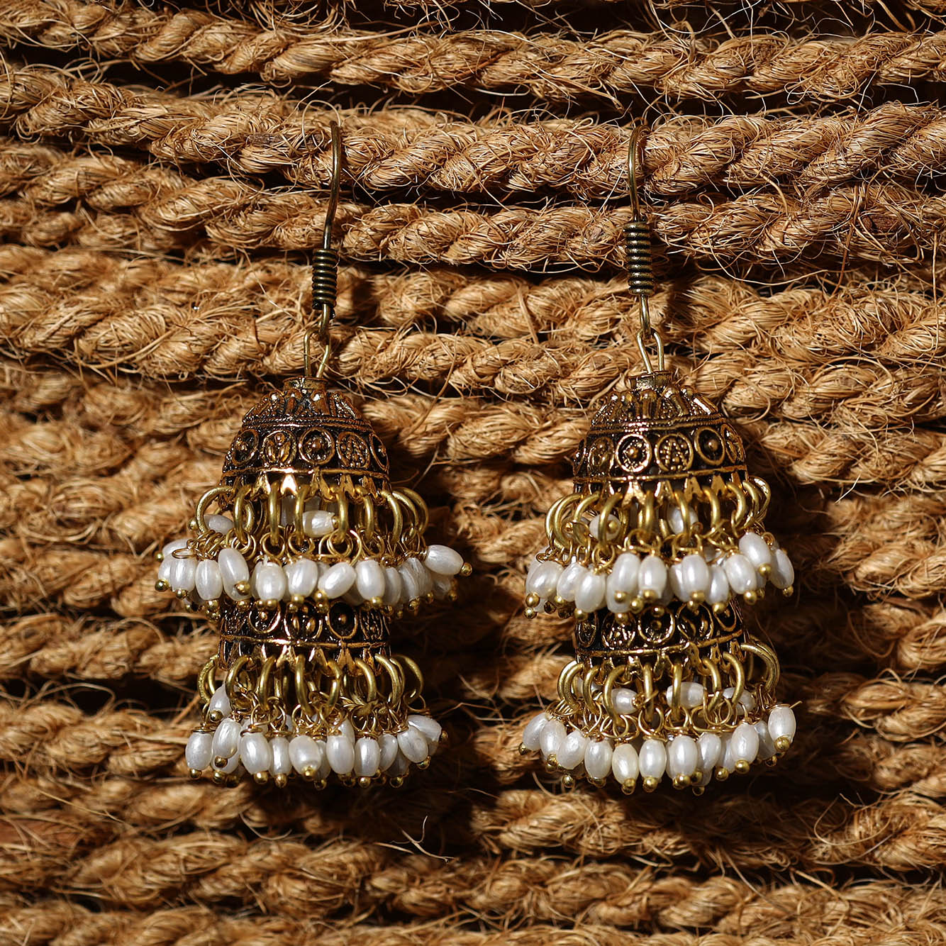 Inaya Golden Handcrafted GS Beaded Jhumki Earrings