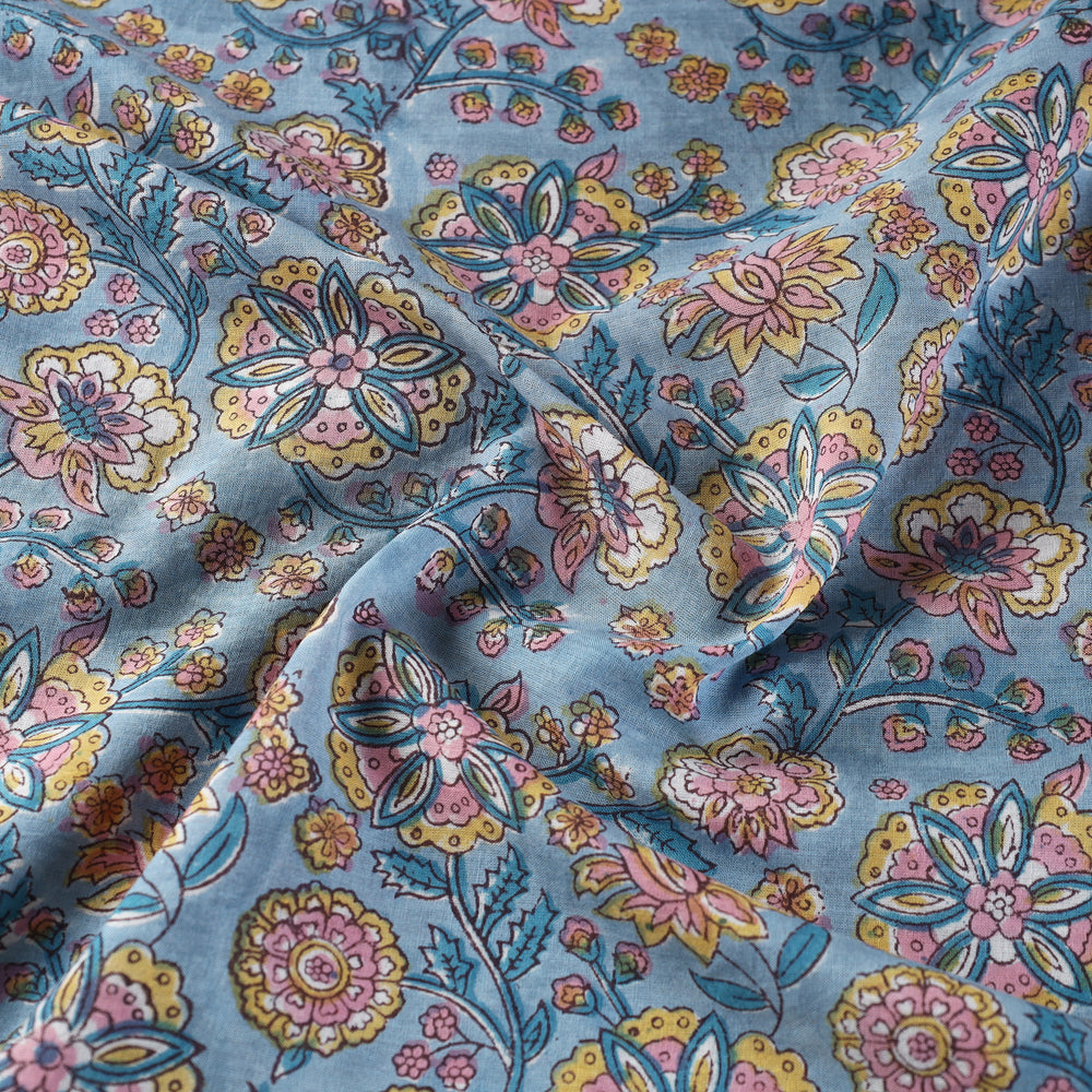 Blue - Multi Patterned Cotton Sanganeri Print Fabric