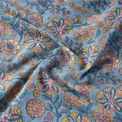 Blue - Multi Patterned Florals Sanganeri Block Printed Cotton Fabric 11