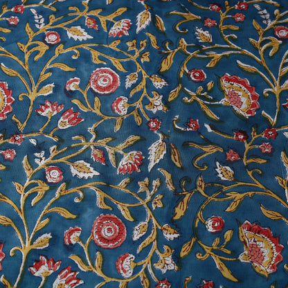 Blue - Mustard Lianas with Red Floral Sanganeri Block Printed Cotton Fabric