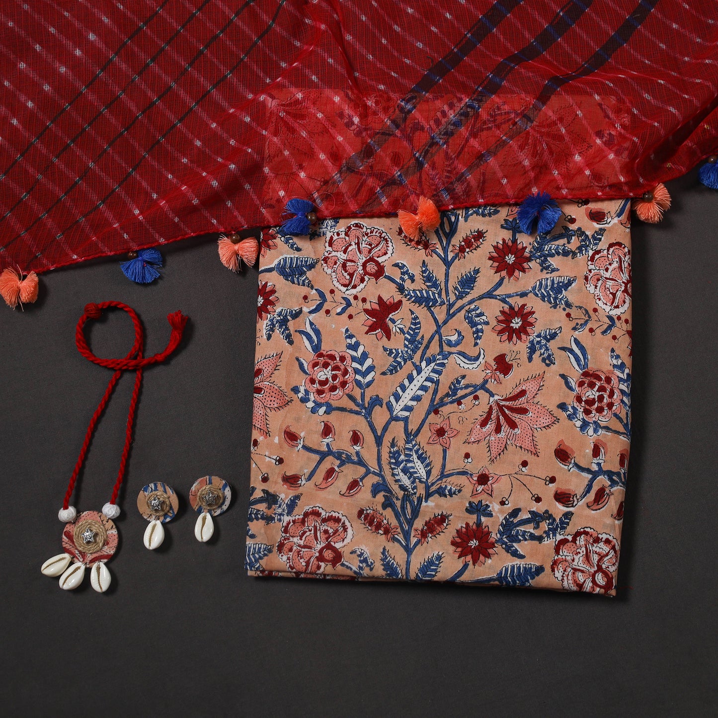 Peach Designer! Block Print Cotton Dress Material with Jewellery Set