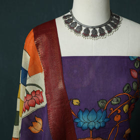 Handpainted Srikalahasti Pen Work Kalamkari Bangalore Silk 2pc Unstitched Dress Material Kurta Set 02