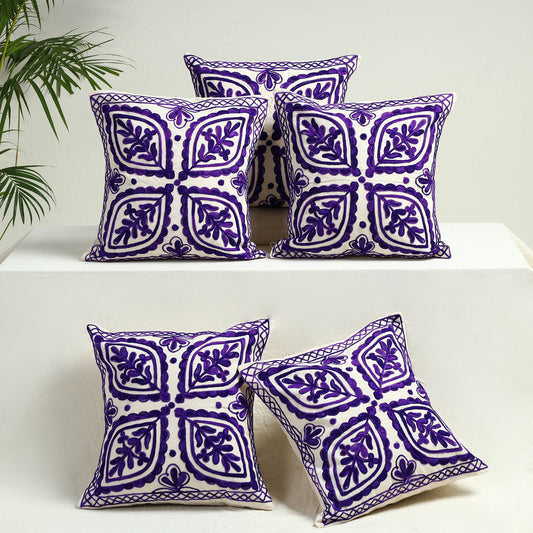 Blue - Aari Hand Embroidery Cotton Cushion Cover Set of 5 (16 x 16 in)
