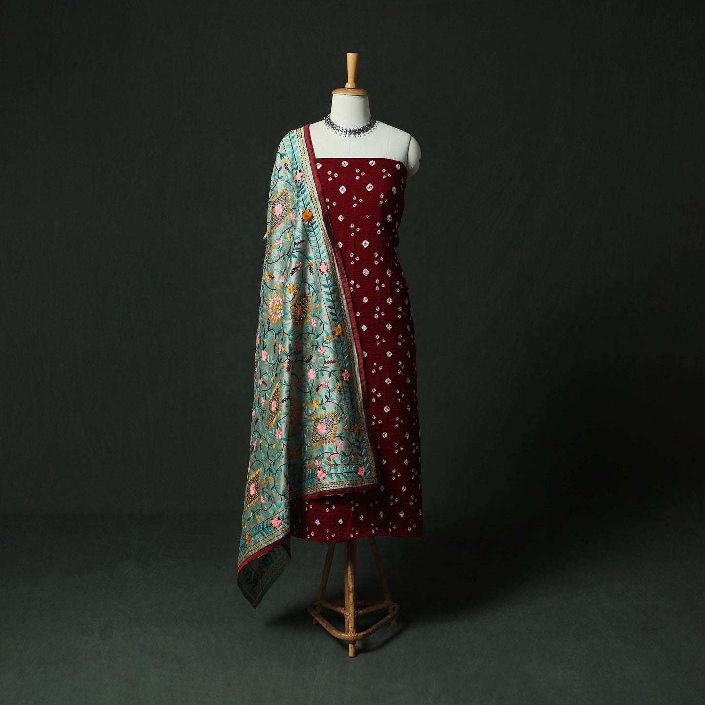 Maroon - Kutch Bandhani Tie-Dye Cotton 2pc Unstitched Dress Material Kurta Set with Earrings 16
