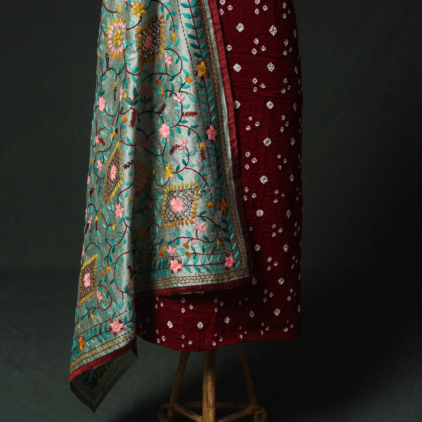 Maroon - Kutch Bandhani Tie-Dye Cotton 2pc Unstitched Dress Material Kurta Set with Earrings 16