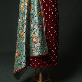 Maroon - Kutch Bandhani Tie-Dye Cotton 2pc Unstitched Dress Material Kurta Set with Earrings 16