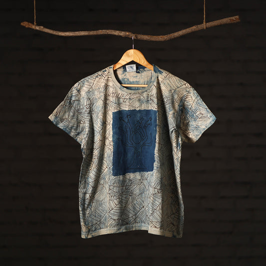 Grey - Bindaas Natural Dyed Art Block Print Round Neck T-shirt in Pure Cotton