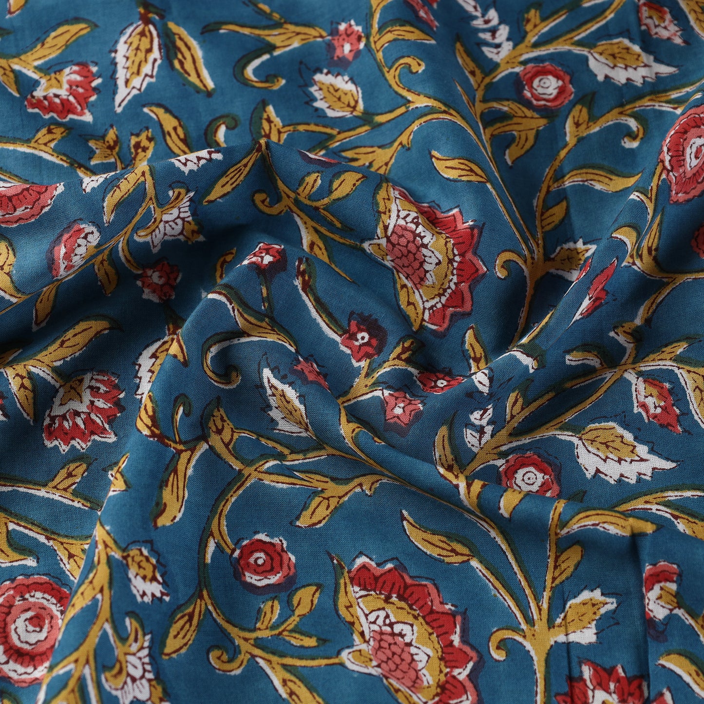 Blue - Mustard Lianas with Red Floral Sanganeri Block Printed Cotton Fabric