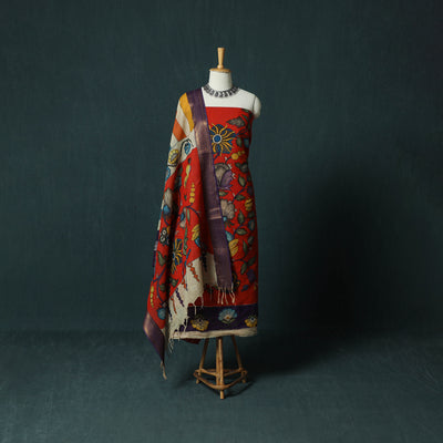 Handpainted Srikalahasti Pen Work Kalamkari Bangalore Silk 2pc Unstitched Dress Material Kurta Set 03
