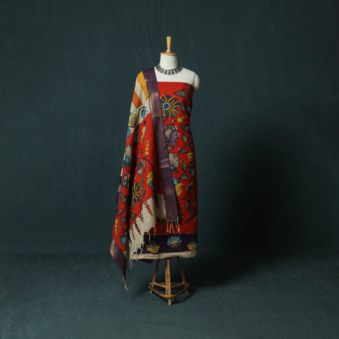 Handpainted Srikalahasti Pen Work Kalamkari Bangalore Silk 2pc Unstitched Dress Material Kurta Set 03