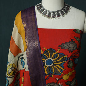 Handpainted Srikalahasti Pen Work Kalamkari Bangalore Silk 2pc Unstitched Dress Material Kurta Set 03