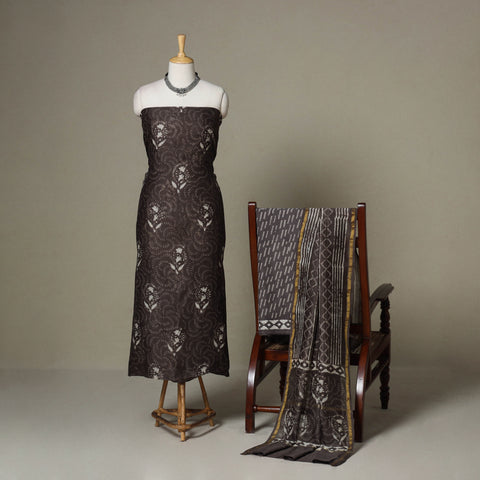 Brown - 3pc chanderi silk unstitched sanganeri dress