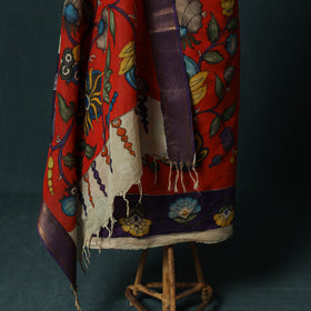 Handpainted Srikalahasti Pen Work Kalamkari Bangalore Silk 2pc Unstitched Dress Material Kurta Set 03