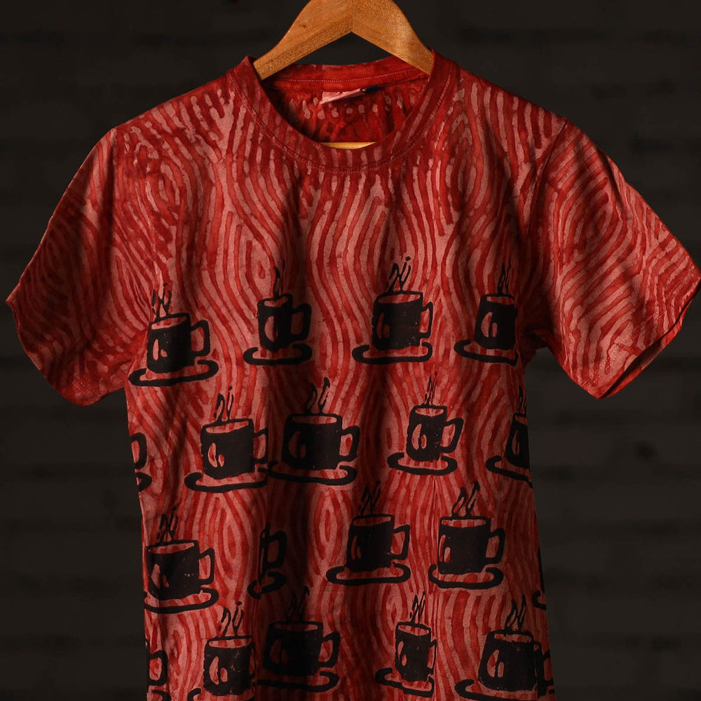 Red - Bindaas Natural Dyed Art Block Print Round Neck T-shirt in Pure Cotton