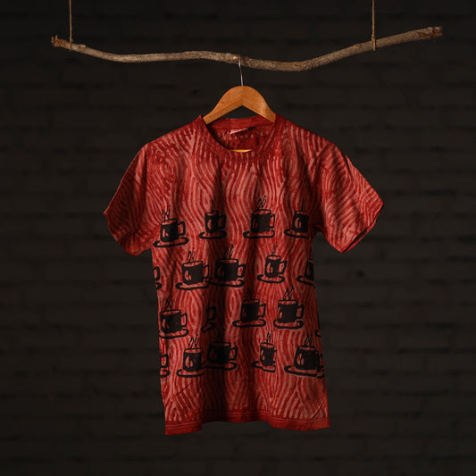 Red - Bindaas Natural Dyed Art Block Print Round Neck T-shirt in Pure Cotton
