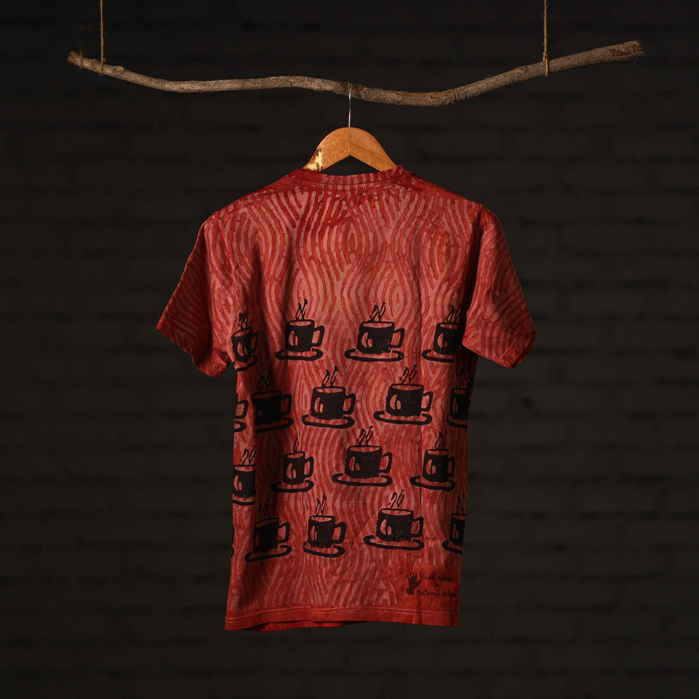 Red - Bindaas Natural Dyed Art Block Print Round Neck T-shirt in Pure Cotton