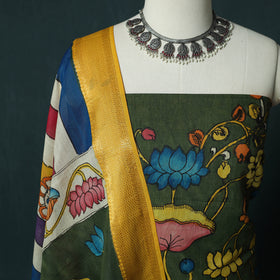 Handpainted Srikalahasti Pen Work Kalamkari Bangalore Silk 2pc Unstitched Dress Material Kurta Set 04