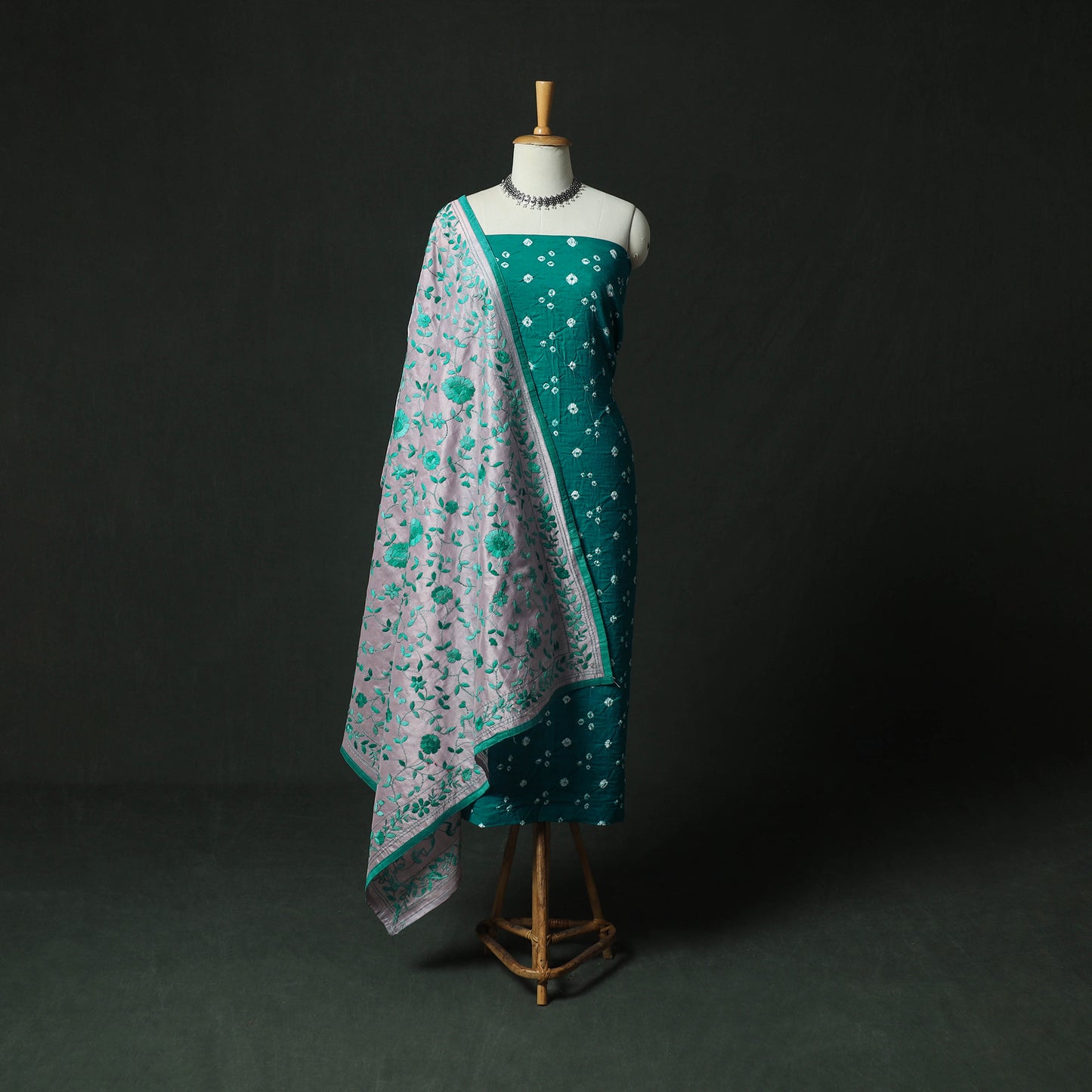 Green - Kutch Bandhani Tie-Dye Cotton 2pc Unstitched Dress Material Kurta Set with Earrings 18