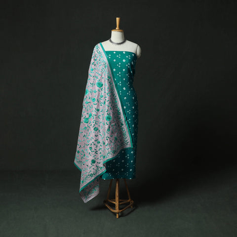 Kutch Bandhani Tie-Dye Cotton 2pc Unstitched Dress Material Kurta Set with Earrings 18