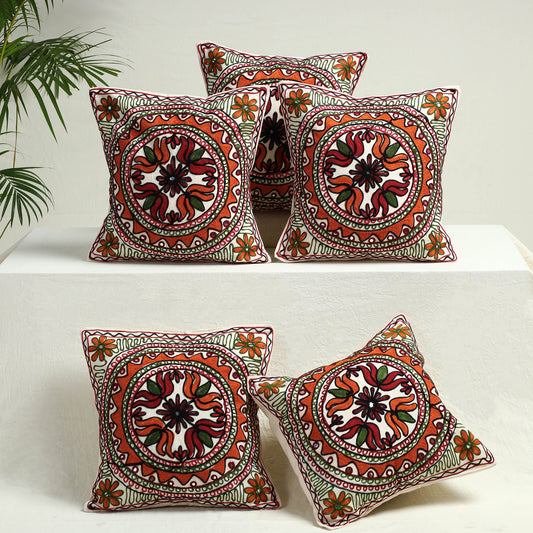 Aari Hand Embroidery Cotton Cushion Cover Set of 5 (16 x 16 in)