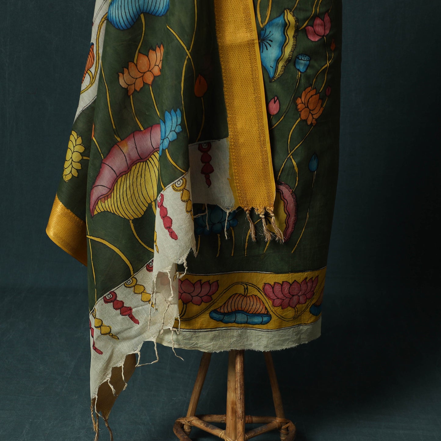 Handpainted Srikalahasti Pen Work Kalamkari Bangalore Silk 2pc Unstitched Dress Material Kurta Set 04